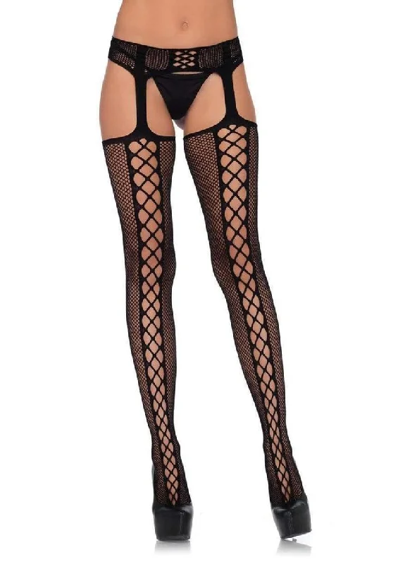 Leg Avenue Faux Lace Up Dual Net Backseam Stockings with Attached Garterbelt