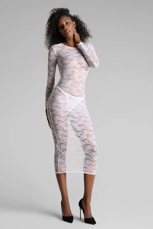 Mesh - paneled sexy dresses for a hint of skinFlashback Lace Long Sleeve Midi Dress White