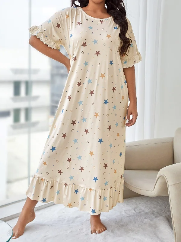 Tiered sexy dresses for a flouncy and feminine appearancePlus Star Print Ruffle Hem Nightdress