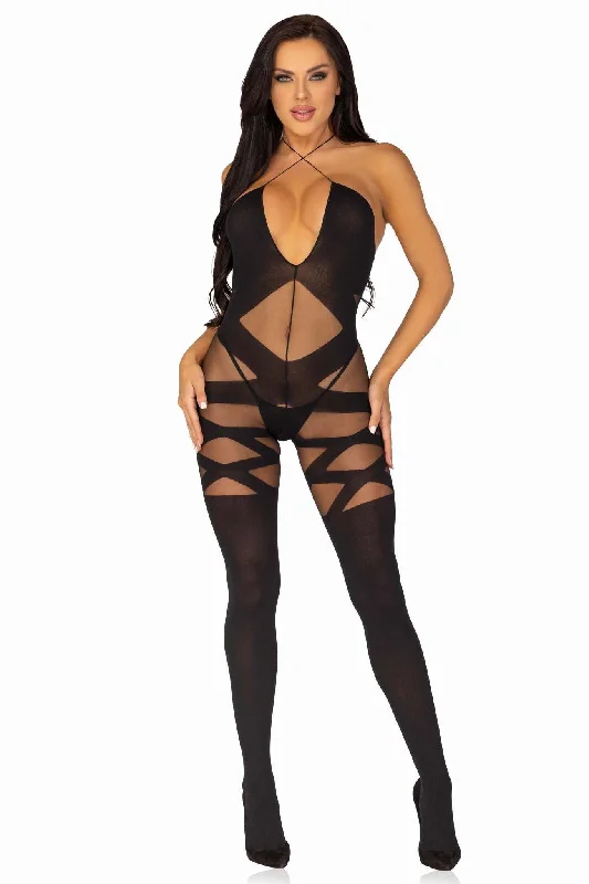 Opaque & Sheer Illusion Bodystocking With Keyhole Halter Detail