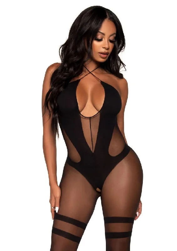 Leg Avenue Opaque and Sheer Keyhole Twist Halter Bodystocking