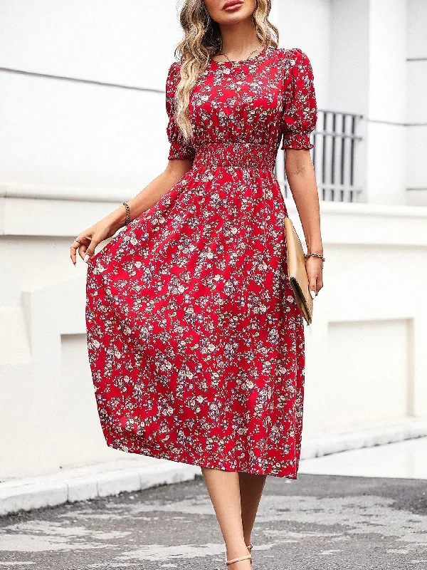 High - necked sexy dresses with a low - back detailSHEIN Floral Print Puff Sleeve Dress