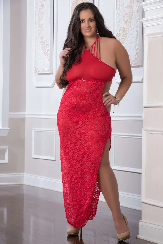 Sexy lingerie - inspired dresses for a seductive look at home2 Pc. Shoulder-Baring Laced Night Dress - Red  Cherry - Queen Size