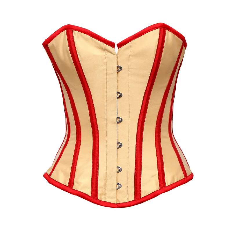 Satin corsets with a shiny and elegant finishSatin corsets with a shiny and elegant finishChilwel Beige Taffeta Overbust Corset With Red Taffeta Trim