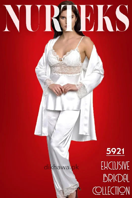 Chiffon sexy dresses for a flowy and elegant appearanceNurteks - Exclusive Bridal Wedding Honeymoon 3Pc Nightdress & Pajama Set White 5921 - Turkish Brand