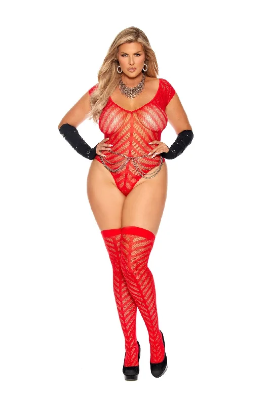 Plus Size Red Chevron Crochet Deep V Teddy and Matching Stockings