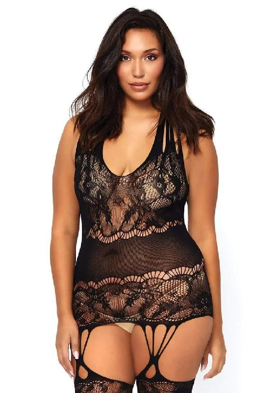 Leg Avenue Seamless Floral Lace Opaque Suspender Bodystocking with Shredded Strap Detail