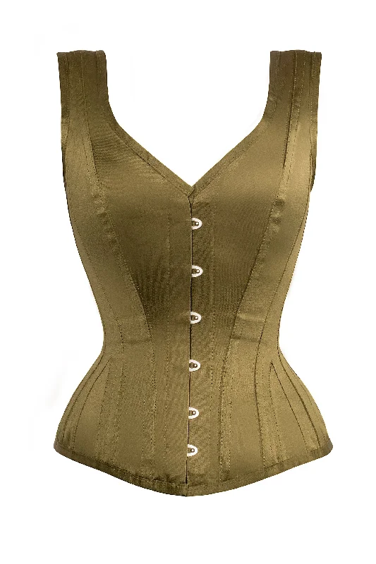 Vintage - style women's bustiers with lace and bowsVintage - style women's bustiers with lace and bowsInis Overbust Olive  Satin Steel Boned Corset With Straps