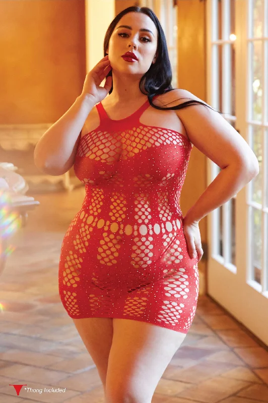 Sexy lingerie - inspired dresses for a seductive look at homePlus Size Studded Corset Fishnet Dress Thong Included