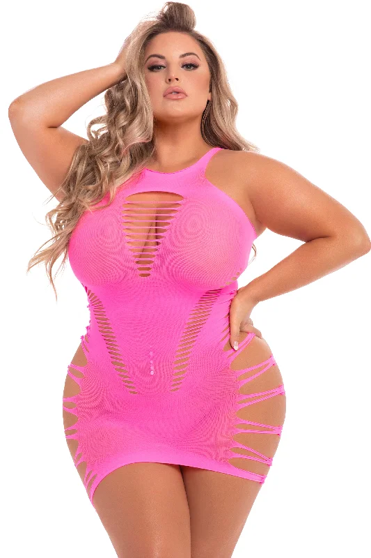 Ruched sexy dresses to accentuate curvesBack 2 Basixxx Hi-Neck Dress - Queen Size - Pink