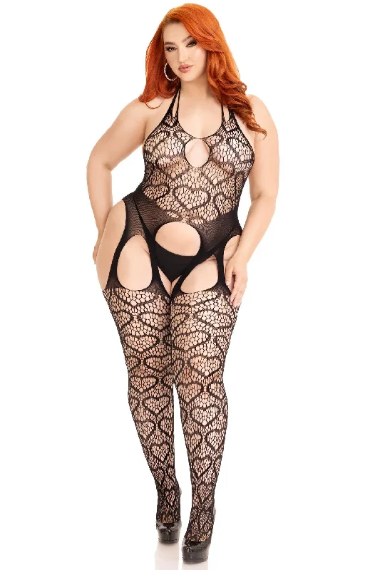 Plus Size Seamless Heart Net Suspender Bodystocking