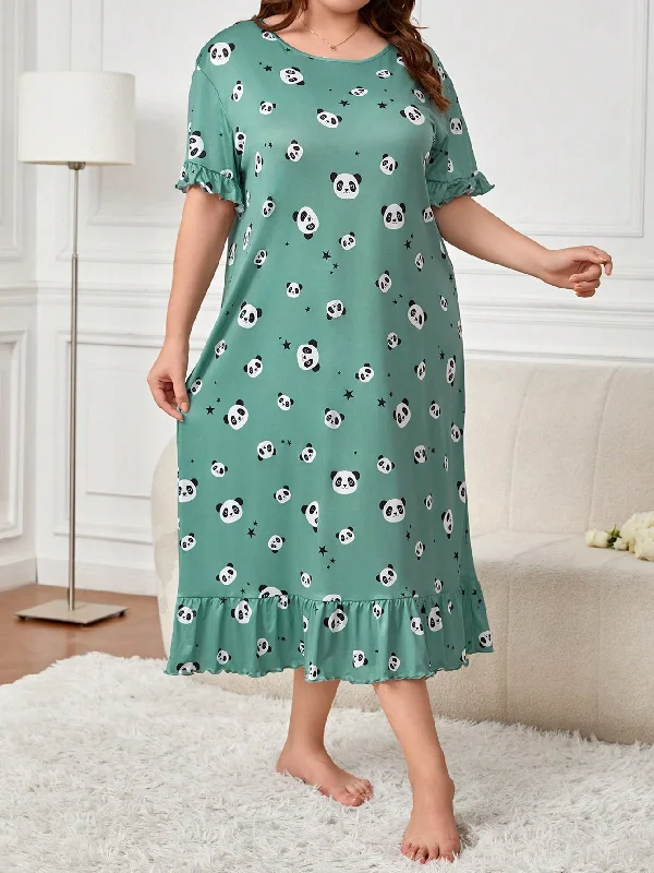 Asymmetrical - hemmed sexy dresses for a modern styleSHEIN Plus Cartoon Panda and Star Print Ruffle Hem Nightdress