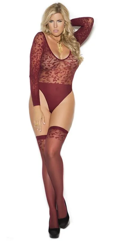 Sexy Plus Size Vibe Burgundy Pattern Teddy with Stockings