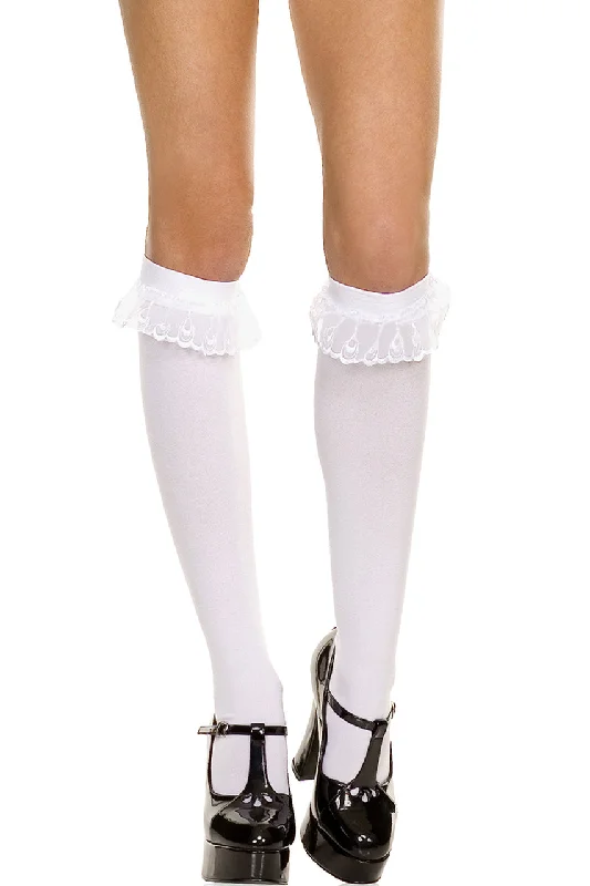 Ruffle Lace White Opaque Knee Hi Stockings