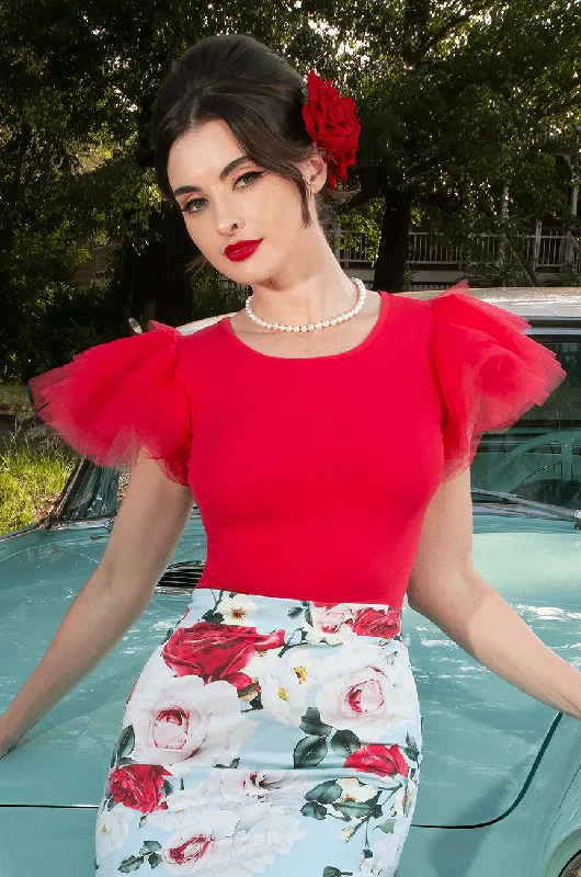 Floral - patterned corsets for a romantic and spring - like feelFloral - patterned corsets for a romantic and spring - like feelTea Rose Tulle Sleeve Top (Red)