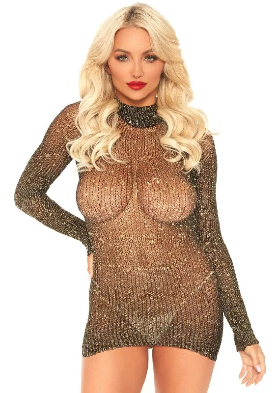 Sexy beach dresses for a sunny vacationLurex Long Sleeved High Neck Fishnet Dress - One Size - Black/ Gold