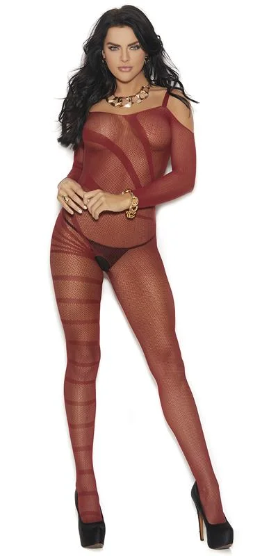 Sexy Heart Burgundy Cold Shoulder Fishnet Bodystocking