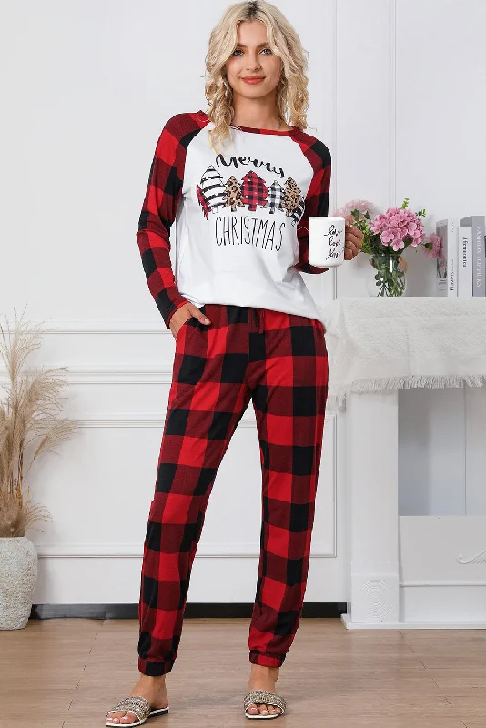 Women's sports bras with a racerback designChristmas Pajama Sets | Fiery Red Plaid Merry Christmas Graphic Loungewear Set | Christmas Gift Ideas