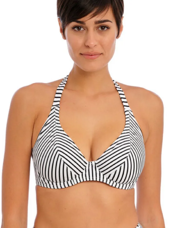 Women's bras with wide shoulder straps for supportFreya Jewel Cove Underwire Banded Halter Bikini Top, Stripe Black | Striped Black Freya Halter Bikini Top