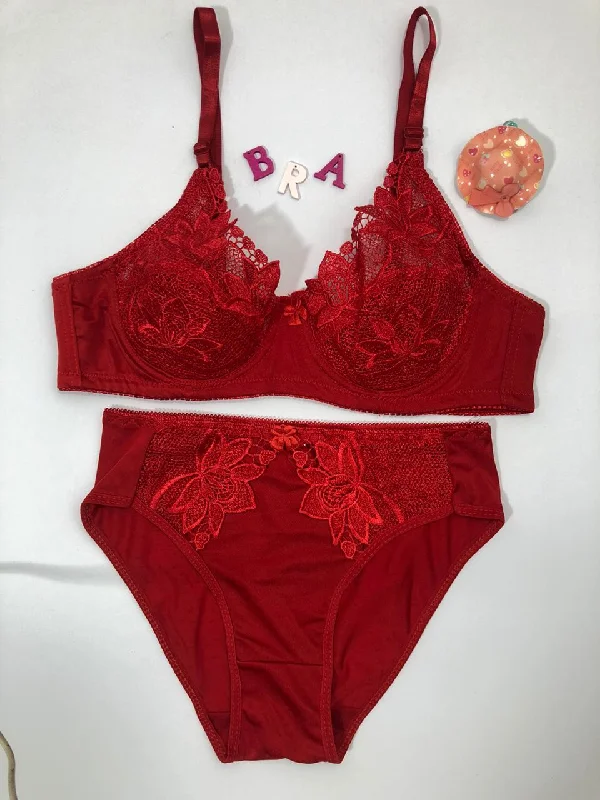 Women's demi - cup bras for a sexy lookLaleli Net Bra Panty Set 2020 RED BRIDAL BRA PANTY SETS - NON PADDED NON WIRED BRA PANTY SET