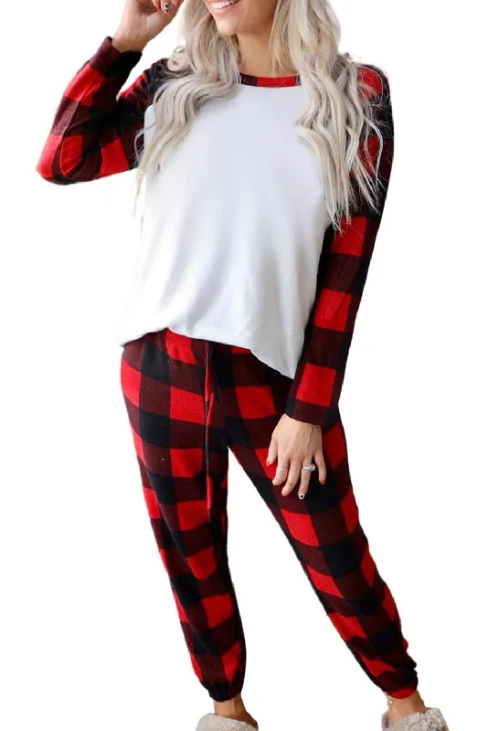 Women's bras with anti - odor technologyRed Plaid Raglan Sleeves Top and Drawstring Pants Lounge Set | Womens Check Pajamas| Warm Loungewear