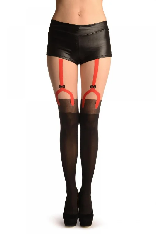 Women's sheer stockings with a fishnet patternBlack With Faux Stockings & Red Garter Belt