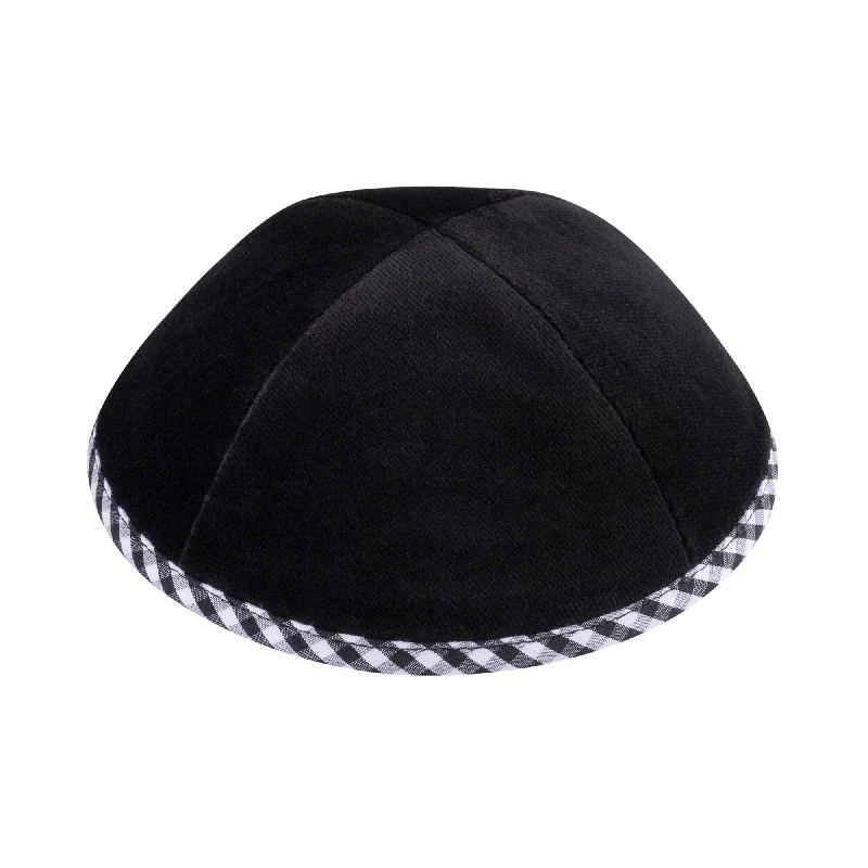 iKippah Black Velvet Yarmulka with Black/White Gingham Trim