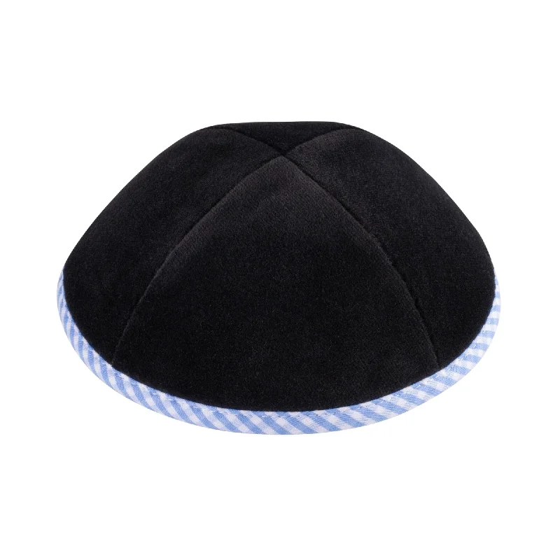 iKippah Black Velvet Yarmulka with Sky Blue Gingham Trim