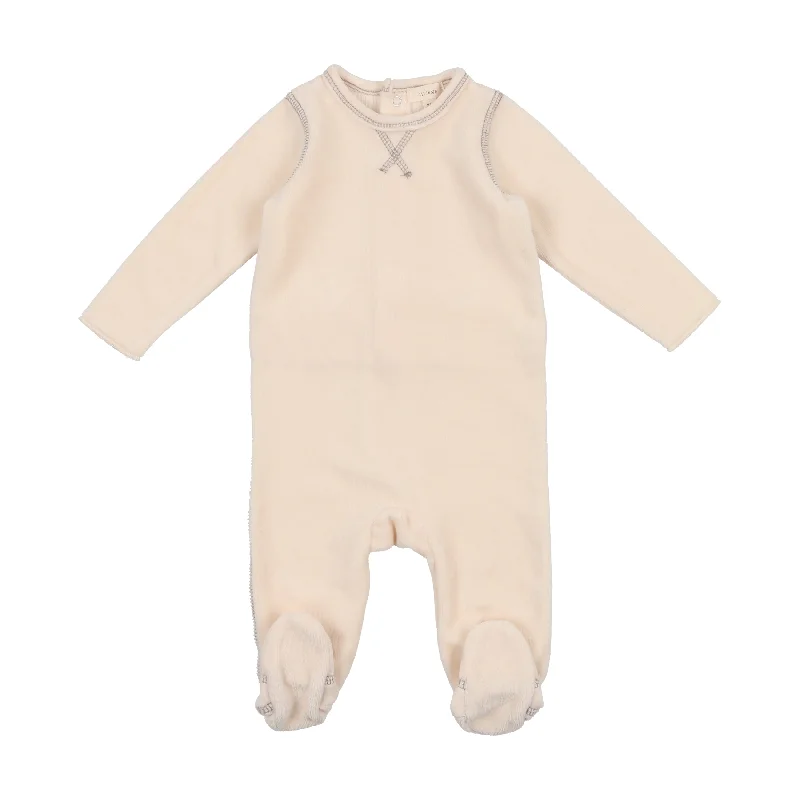 Lil Legs Classic Velour Footie - Cream with Grey Stitch